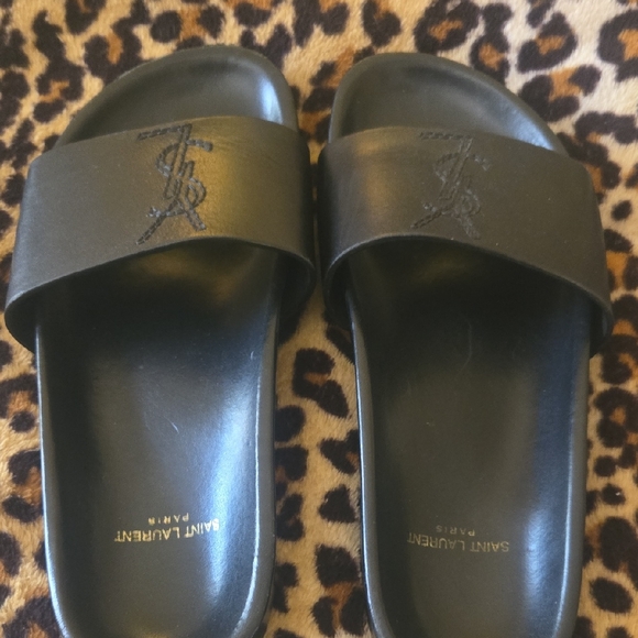 Saint Laurent Dark Leather Slides - Picture 1 of 3